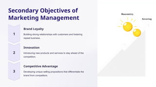 Secondary Objectives of
Marketing Management
Brand Loyalty
Building strong relationships with customers and fostering
repeat business.
Innovation
Introducing new products and services to stay ahead of the
competition.
Competitive Advantage
Developing unique selling propositions that differentiate the
brand from competitors.
 