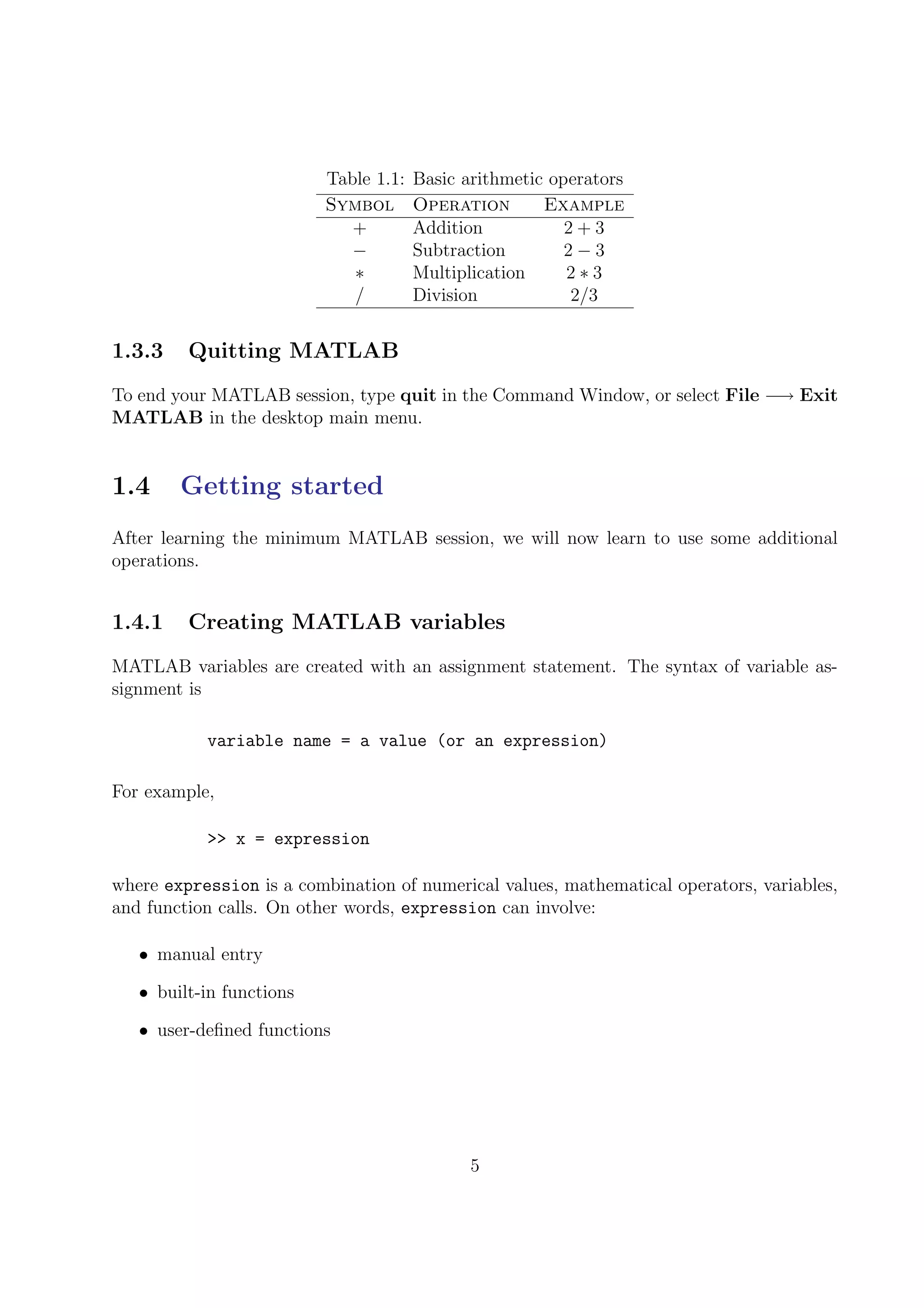 Table 1.1: Basic arithmetic operators
Symbol Operation Example
+ Addition 2 + 3
− Subtraction 2 − 3
∗ Multiplication 2 ∗ 3
/ Division 2/3
1.3.3 Quitting MATLAB
To end your MATLAB session, type quit in the Command Window, or select File −→ Exit
MATLAB in the desktop main menu.
1.4 Getting started
After learning the minimum MATLAB session, we will now learn to use some additional
operations.
1.4.1 Creating MATLAB variables
MATLAB variables are created with an assignment statement. The syntax of variable as-
signment is
variable name = a value (or an expression)
For example,
>> x = expression
where expression is a combination of numerical values, mathematical operators, variables,
and function calls. On other words, expression can involve:
• manual entry
• built-in functions
• user-deﬁned functions
5
 