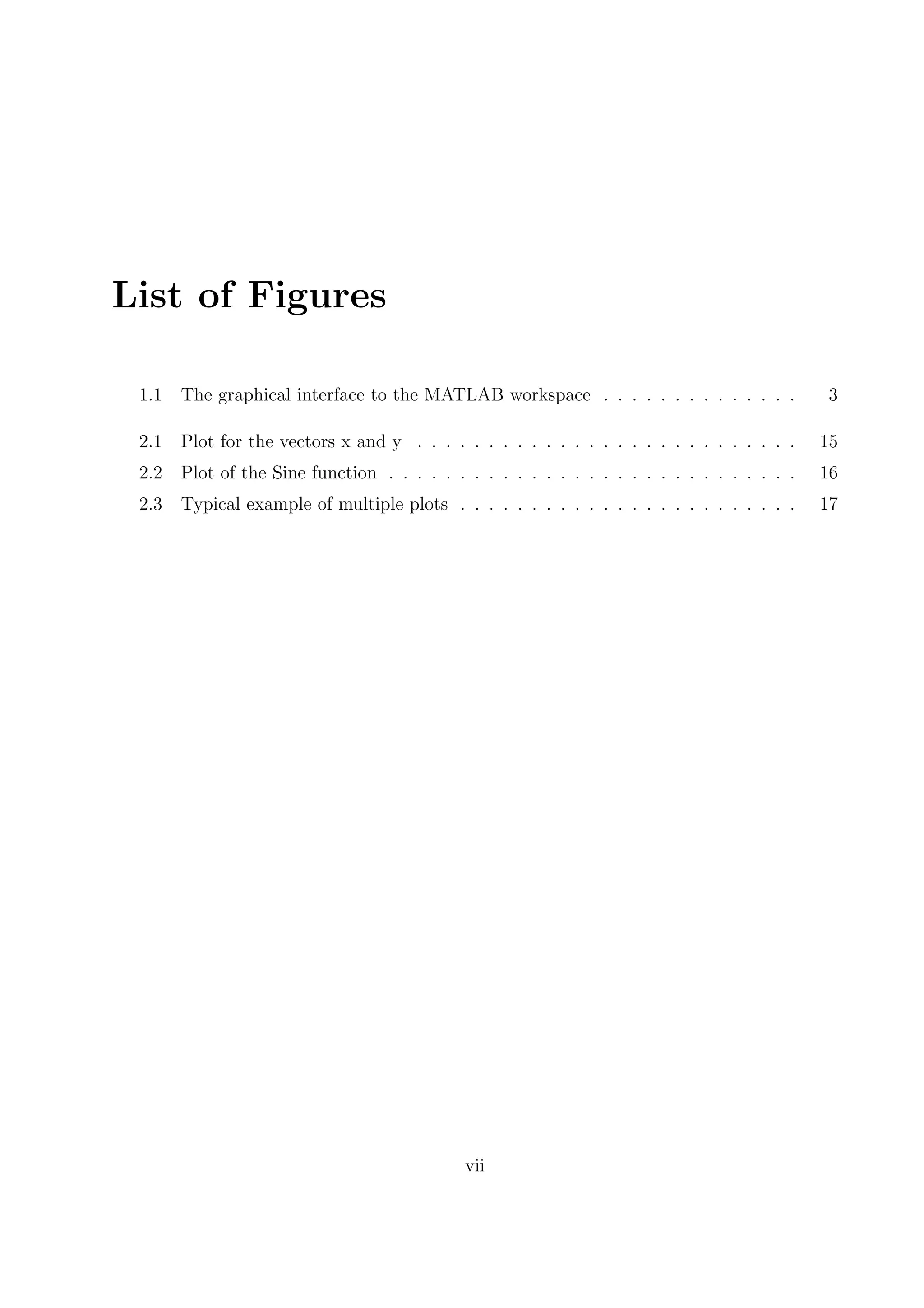List of Figures
1.1 The graphical interface to the MATLAB workspace . . . . . . . . . . . . . . 3
2.1 Plot for the vectors x and y . . . . . . . . . . . . . . . . . . . . . . . . . . . 15
2.2 Plot of the Sine function . . . . . . . . . . . . . . . . . . . . . . . . . . . . . 16
2.3 Typical example of multiple plots . . . . . . . . . . . . . . . . . . . . . . . . 17
vii
 
