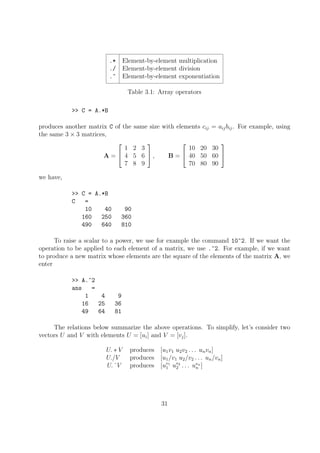 .* Element-by-element multiplication
./ Element-by-element division
.^ Element-by-element exponentiation
Table 3.1: Array operators
>> C = A.*B
produces another matrix C of the same size with elements cij = aijbij. For example, using
the same 3 × 3 matrices,
A =


1 2 3
4 5 6
7 8 9

 , B =


10 20 30
40 50 60
70 80 90


we have,
>> C = A.*B
C =
10 40 90
160 250 360
490 640 810
To raise a scalar to a power, we use for example the command 10^2. If we want the
operation to be applied to each element of a matrix, we use .^2. For example, if we want
to produce a new matrix whose elements are the square of the elements of the matrix A, we
enter
>> A.^2
ans =
1 4 9
16 25 36
49 64 81
The relations below summarize the above operations. To simplify, let’s consider two
vectors U and V with elements U = [ui] and V = [vj].
U. ∗ V produces [u1v1 u2v2 . . . unvn]
U./V produces [u1/v1 u2/v2 . . . un/vn]
U.ˆV produces [uv1
1 uv2
2 . . . uvn
n ]
31
 