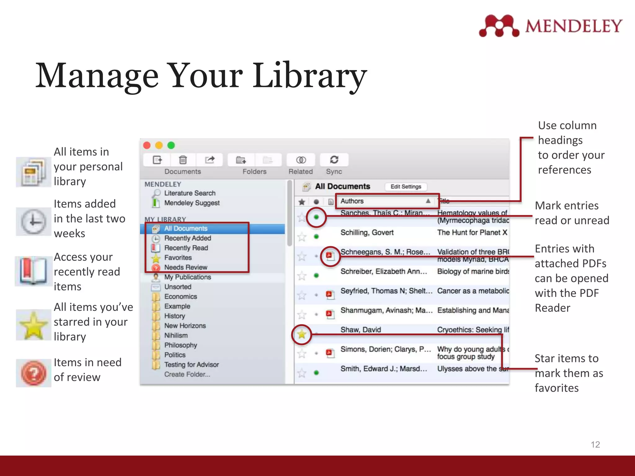 Manage Your Library
Use column
headings
to order your
references
Mark entries
read or unread
Entries with
attached PDFs
can be opened
with the PDF
Reader
Star items to
mark them as
favorites
All items in
your personal
library
Items added
in the last two
weeks
Access your
recently read
items
All items you’ve
starred in your
library
Items in need
of review
12
 
