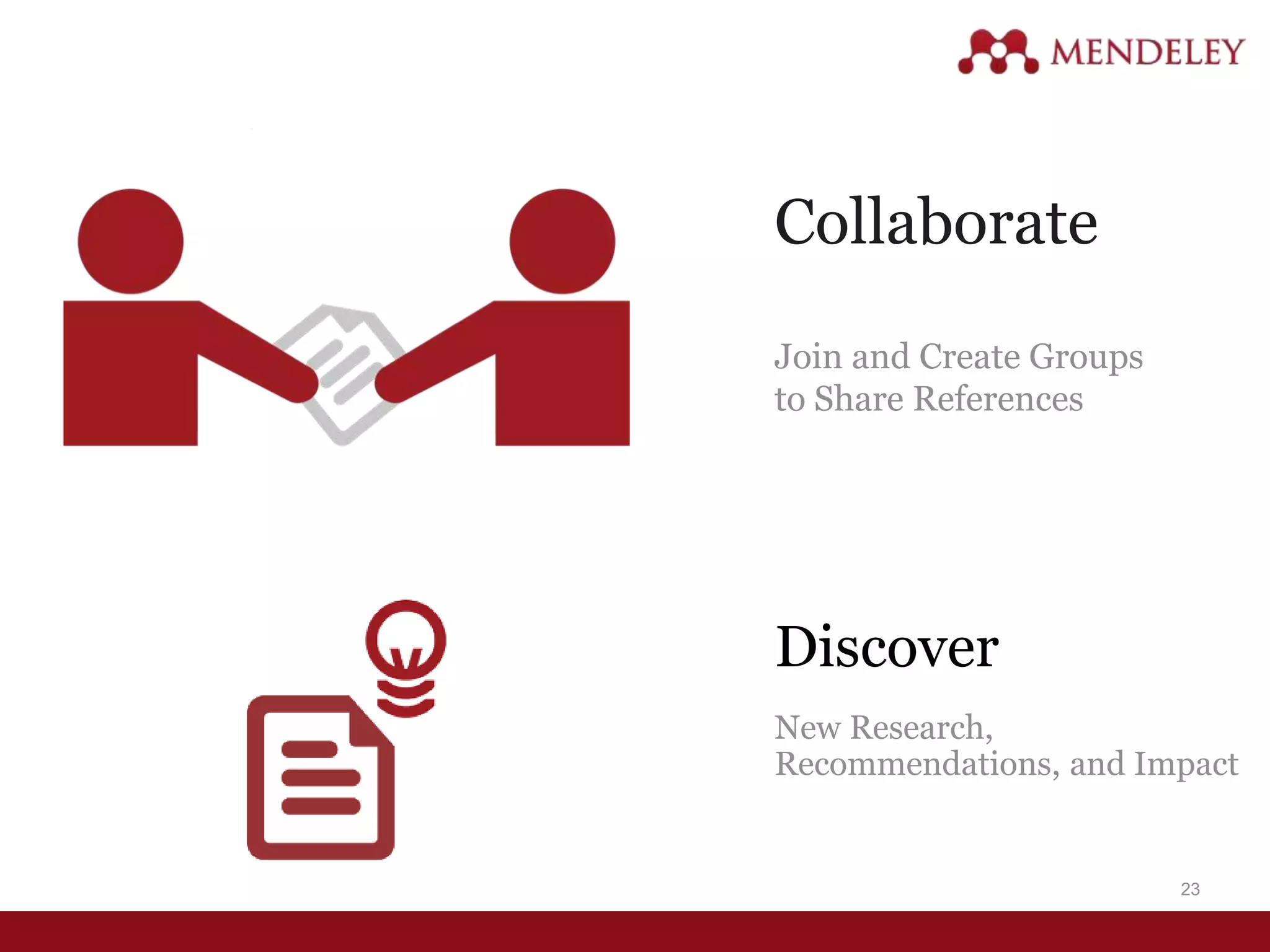 Collaborate
Join and Create Groups
to Share References
Discover
New Research,
Recommendations, and Impact
23
 