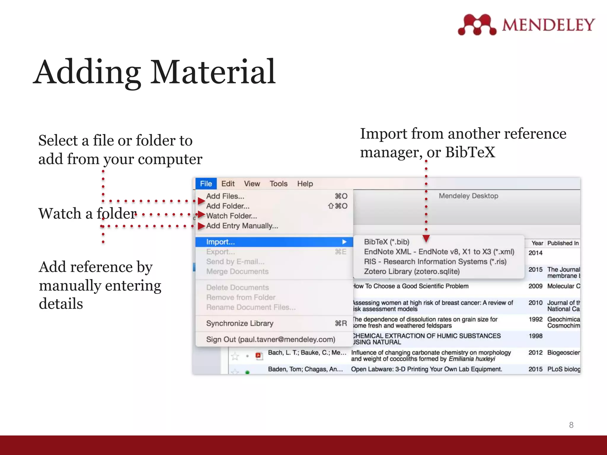 Adding Material
Select a file or folder to
add from your computer
Watch a folder
Add reference by
manually entering
details
Import from another reference
manager, or BibTeX
8
 