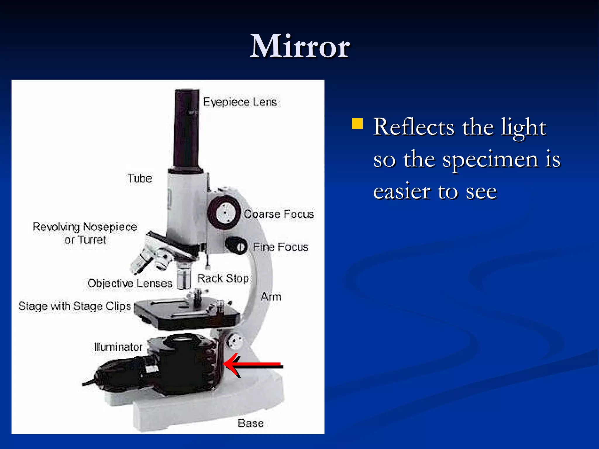 Mirror Reflects the light so the specimen is easier to see ← 