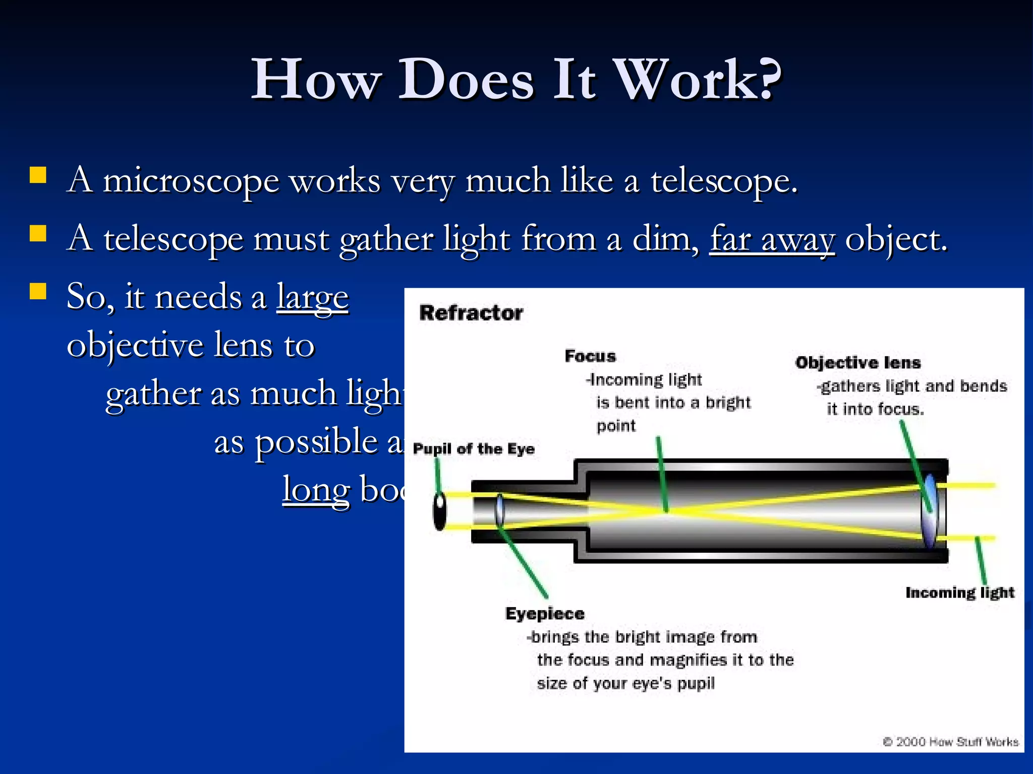 How Does It Work? A microscope works very much like a telescope. A telescope must gather light from a dim,  far away  object. So, it needs a  large   objective lens to  gather as much light  as possible and a  long  body to bring  the image into focus.  