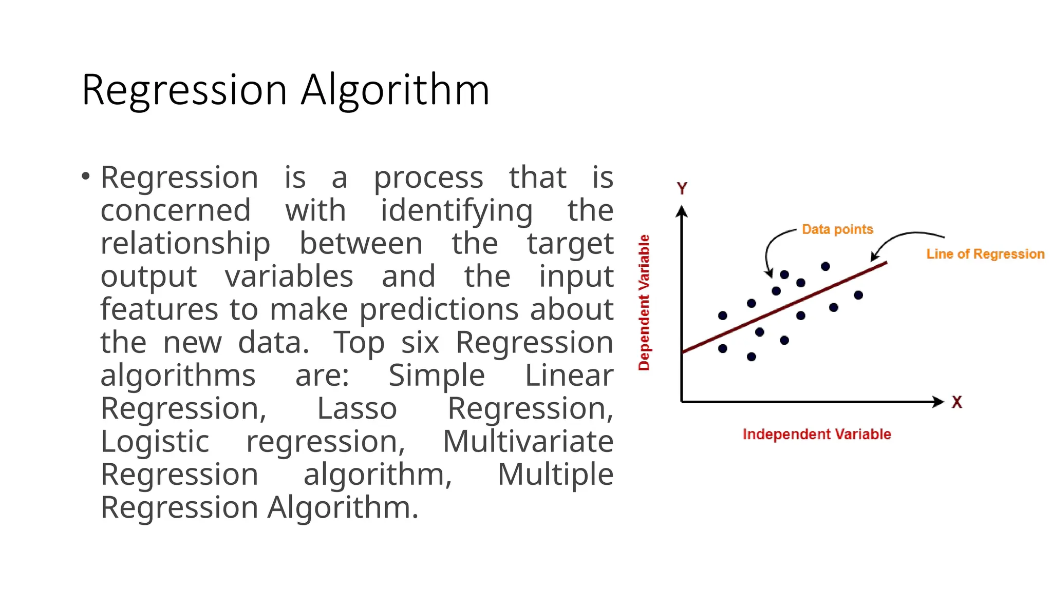 Regression Algorithm
• Regression is a process that is
concerned with identifying the
relationship between the target
output variables and the input
features to make predictions about
the new data. Top six Regression
algorithms are: Simple Linear
Regression, Lasso Regression,
Logistic regression, Multivariate
Regression algorithm, Multiple
Regression Algorithm.
 