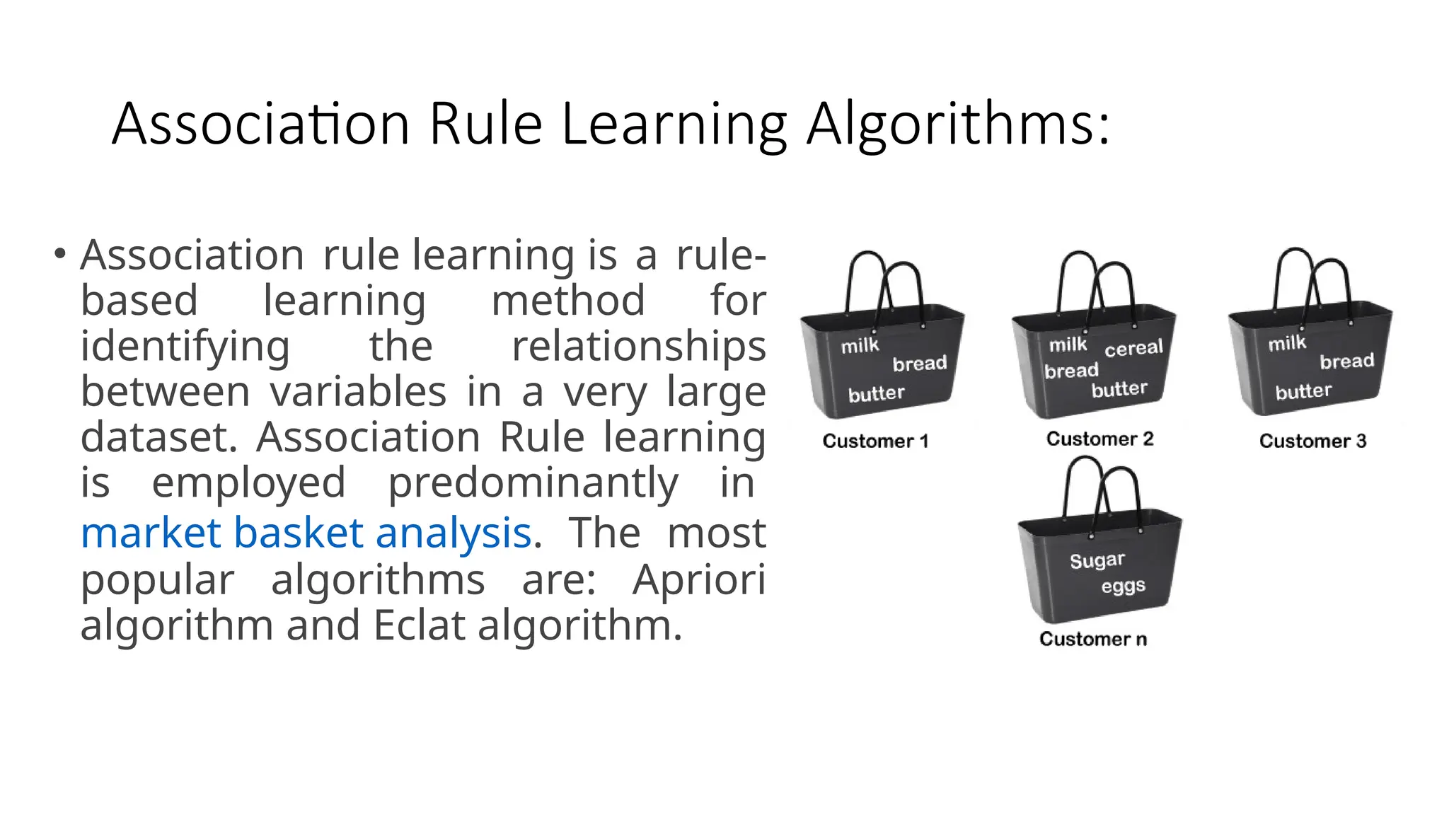 Association Rule Learning Algorithms:
• Association rule learning is a rule-
based learning method for
identifying the relationships
between variables in a very large
dataset. Association Rule learning
is employed predominantly in
market basket analysis. The most
popular algorithms are: Apriori
algorithm and Eclat algorithm.
 