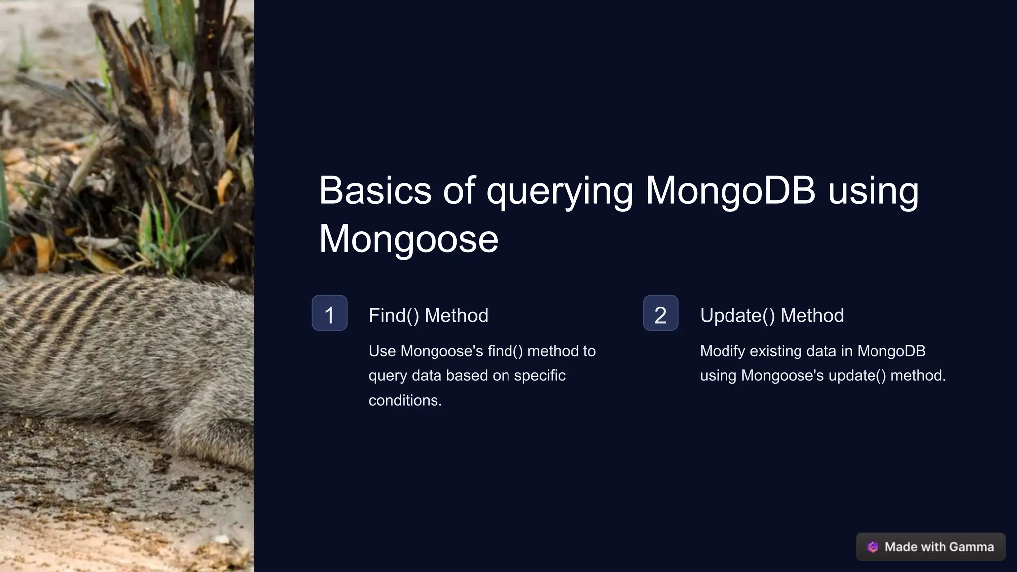 Basics of querying MongoDB using
Mongoose
1 Find() Method
Use Mongoose's find() method to
query data based on specific
conditions.
2 Update() Method
Modify existing data in MongoDB
using Mongoose's update() method.
 