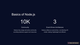 Basics of Node.js
10K
Community
Node.js has a large and active community
providing extensive support and resources.
3
Event-Driven Architecture
Node.js utilizes an event-driven, non-blocking I/O
model, making it lightweight and efficient.
 