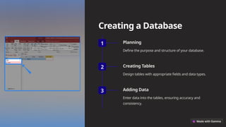 Creating a Database
1 Planning
Define the purpose and structure of your database.
2 Creating Tables
Design tables with appropriate fields and data types.
3 Adding Data
Enter data into the tables, ensuring accuracy and
consistency.
 