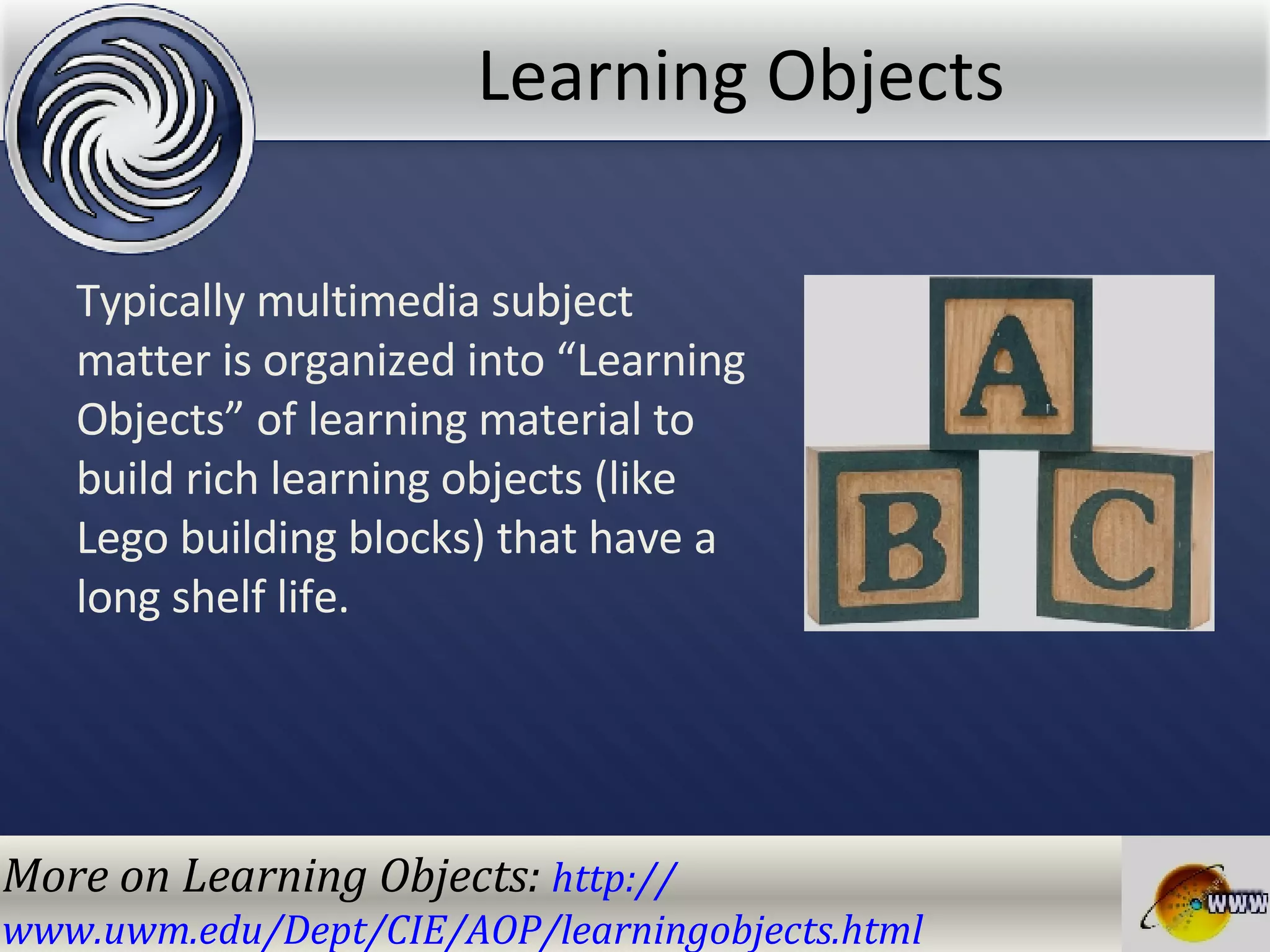Learning Objects Typically multimedia subject matter is organized into “Learning Objects” of learning material to build rich learning objects (like Lego building blocks) that have a long shelf life. More on Learning Objects:  http:// www.uwm.edu/Dept/CIE/AOP/learningobjects.html 