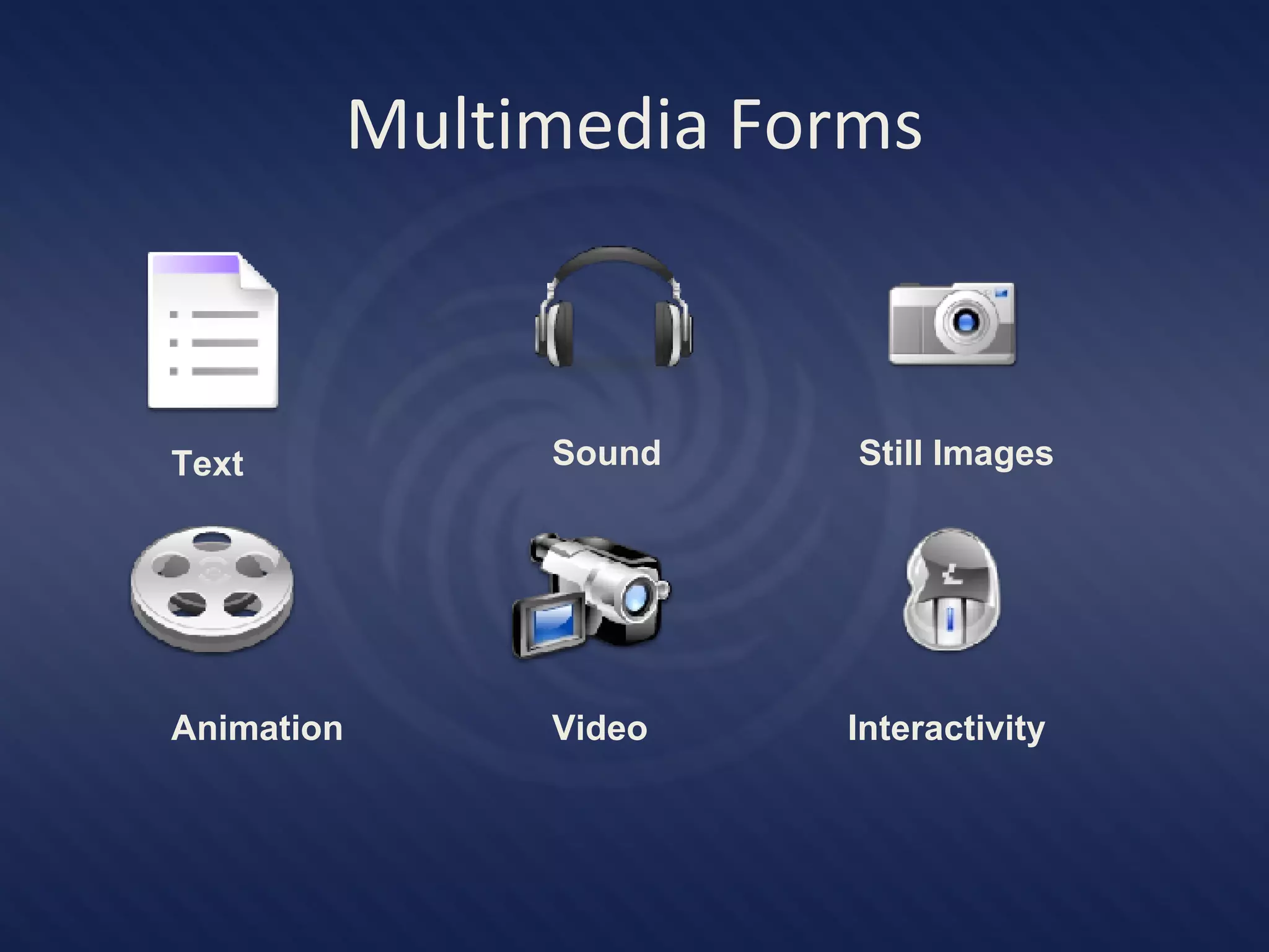 Multimedia Forms Text Sound Still Images Animation Video Interactivity                                                                                                                 