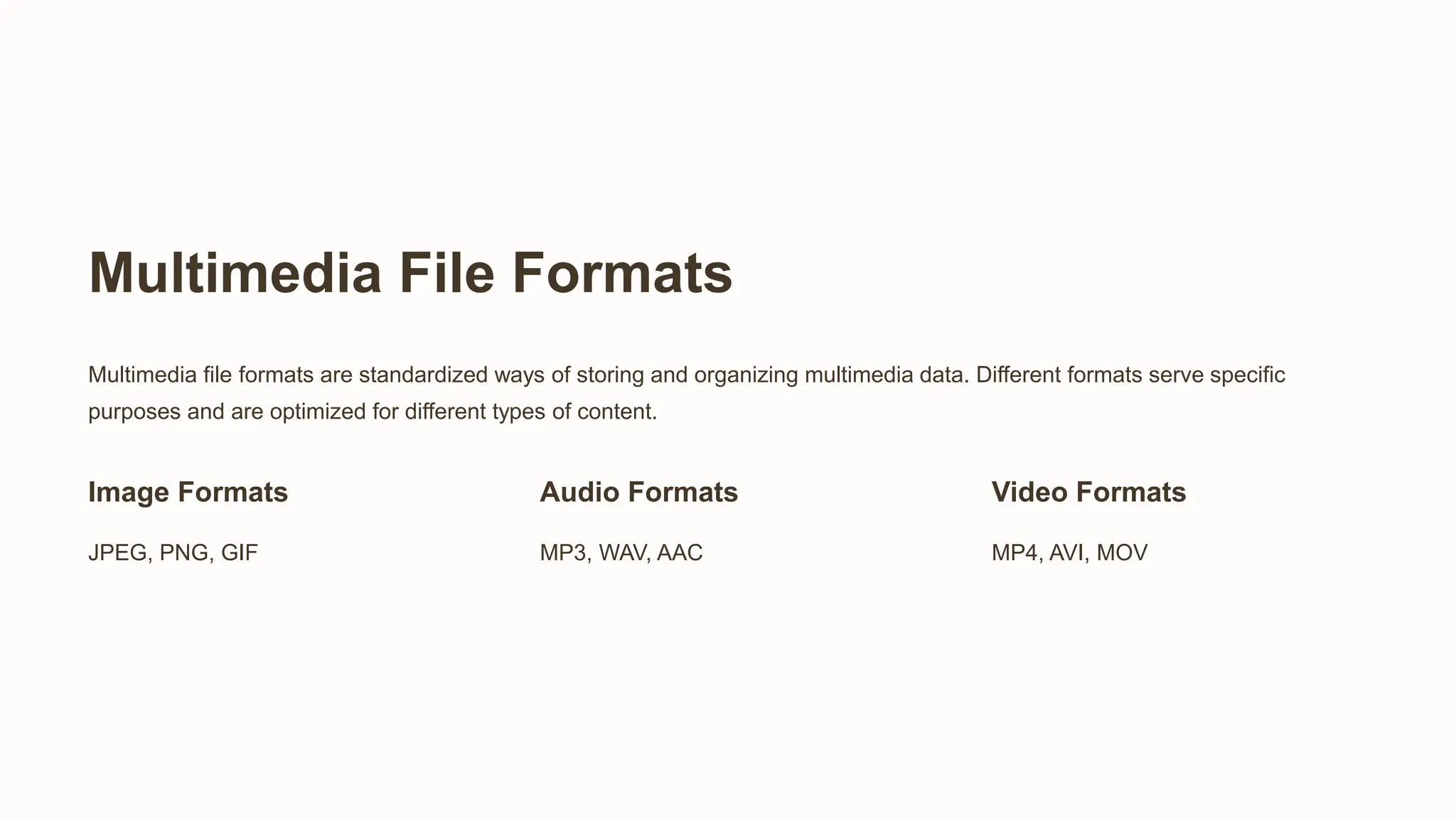 Multimedia File Formats
Multimedia file formats are standardized ways of storing and organizing multimedia data. Different formats serve specific
purposes and are optimized for different types of content.
Image Formats
JPEG, PNG, GIF
Audio Formats
MP3, WAV, AAC
Video Formats
MP4, AVI, MOV
 
