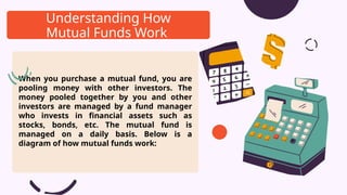 When you purchase a mutual fund, you are
pooling money with other investors. The
money pooled together by you and other
investors are managed by a fund manager
who invests in financial assets such as
stocks, bonds, etc. The mutual fund is
managed on a daily basis. Below is a
diagram of how mutual funds work:
Understanding How
Mutual Funds Work
 