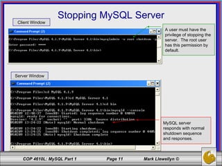 Stopping MySQL Server Client Window Server Window A user must have the privilege of stopping the server.  The root user has this permission by default. MySQL server responds with normal shutdown sequence and responses. 