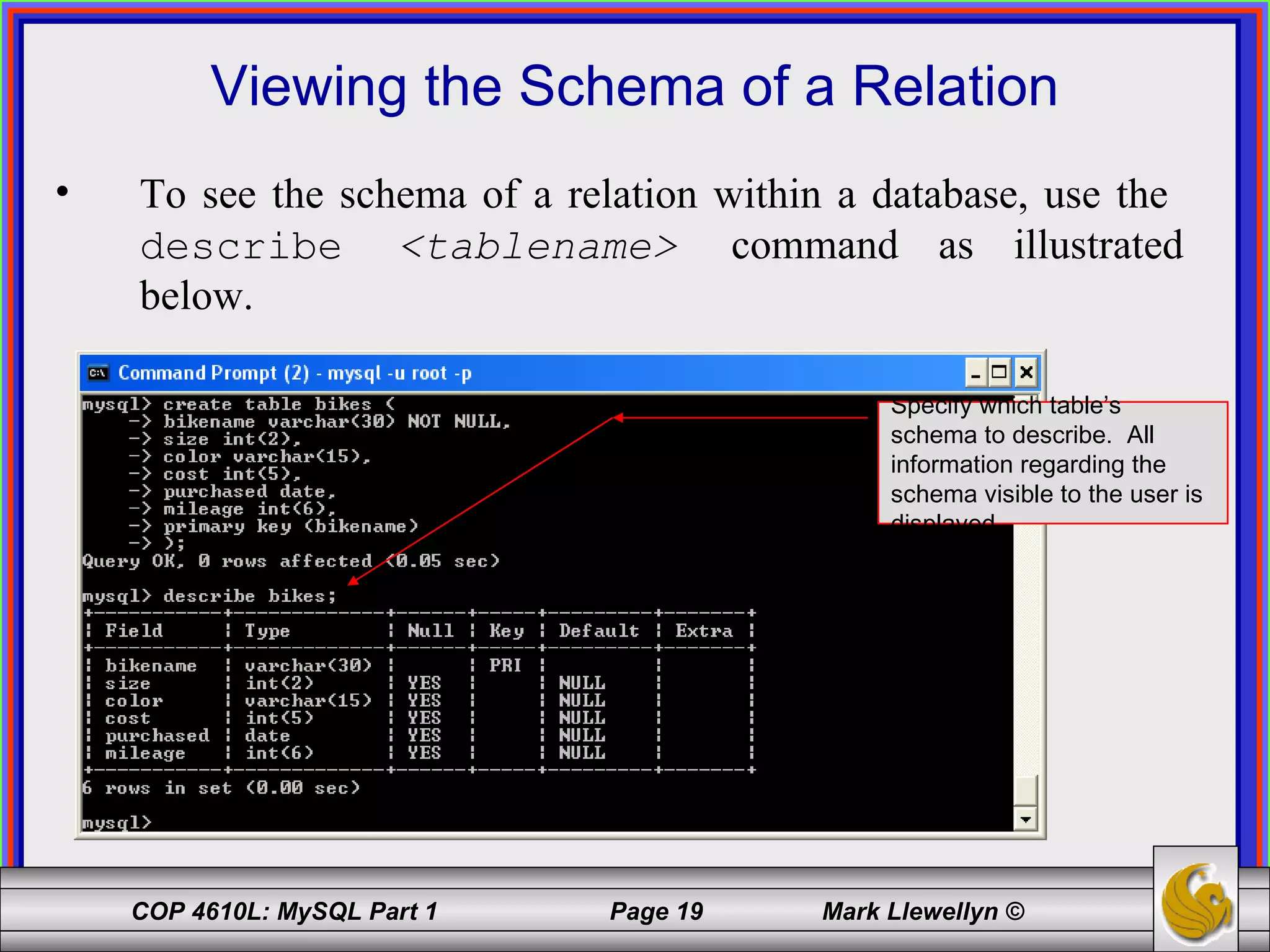 Viewing the Schema of a Relation To see the schema of a relation within a database, use the  describe  <tablename>   command as illustrated below. Specify which table’s schema to describe.  All information regarding the schema visible to the user is displayed. 