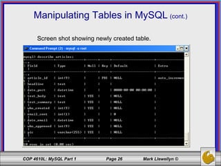 Manipulating Tables in MySQL   (cont.) Screen shot showing newly created table. 