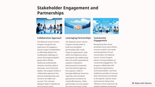 Stakeholder Engagement and
Partnerships
Collaborative Approach
The National Cancer Control
Program recognizes the
importance of engaging a
diverse range of stakeholders
to effectively address the
multifaceted challenges of
cancer. By bringing together
government officials,
healthcare professionals,
research scientists, patient
advocates, and community
leaders, the program fosters a
collaborative approach that
ensures all perspectives and
concerns are taken into
account. This inclusive
dialogue helps to identify the
Leveraging Partnerships
The National Cancer Control
Program actively seeks to
build and strengthen
partnerships with a wide
range of organizations, both
within the healthcare sector
and beyond. By collaborating
with non-profit organizations,
academic institutions,
pharmaceutical companies,
and international agencies,
the program is able to
leverage additional resources,
expertise, and innovative
approaches to enhance its
overall effectiveness. These
partnerships not only expand
Community
Engagement
Recognizing that cancer
prevention and control efforts
must be rooted in the needs
and perspectives of local
communities, the National
Cancer Control Program
places a strong emphasis on
community engagement. The
program collaborates with
grassroots organizations,
community leaders, and local
healthcare providers to ensure
that interventions are tailored
to the specific cultural, social,
and economic factors that
influence cancer outcomes. By
 