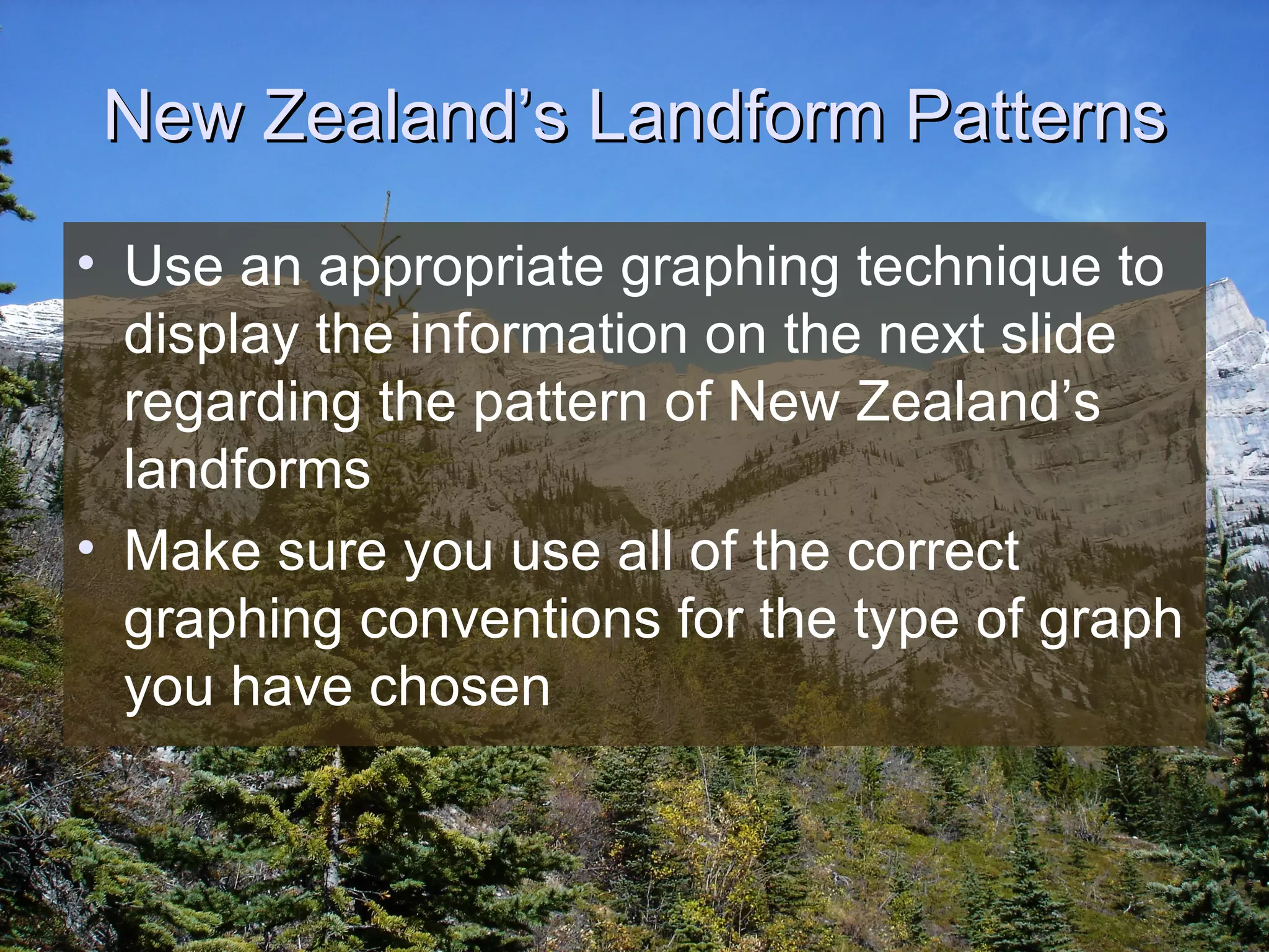 New Zealand’s Landform Patterns Use an appropriate graphing technique to display the information on the next slide regarding the pattern of New Zealand’s landforms Make sure you use all of the correct graphing conventions for the type of graph you have chosen 
