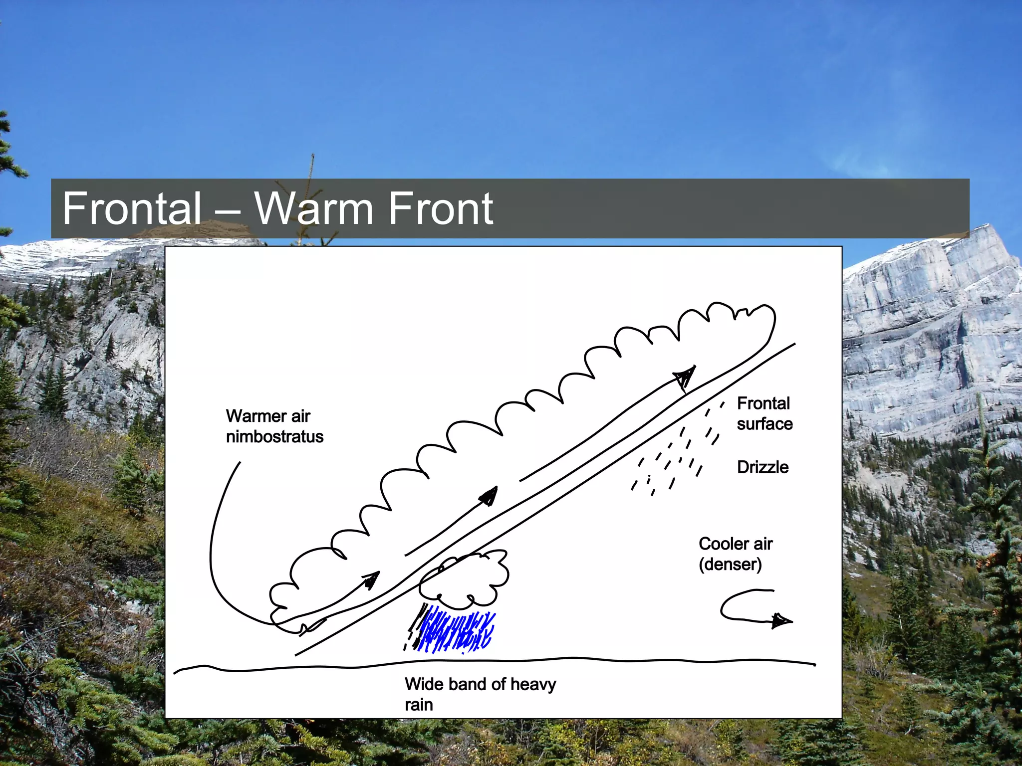 Frontal – Warm Front Drizzle   Warmer air nimbostratus  Frontal surface  Wide band of heavy rain Cooler air (denser) 