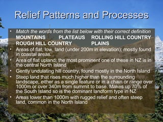 Relief Patterns and Processes Match the words from the list below with their correct definition MOUNTAINS PLATEAUS ROLLING HILL COUNTRY ROUGH HILL COUNTRY PLAINS Areas of flat, low, land (under 200m in elevation); mostly found in coastal areas.  Area of flat upland; the most prominent one of these in NZ is in the central North Island Gently undulating hill country, found mostly in the North Island Steep land that rises much higher than the surrounding landscape, either as a single feature or in a chain or range over 1000m or over 340m from summit to base. Makes up 70% of the South Island so is the dominant landform type in NZ Areas lower than 1000m with rugged relief and often steep land, common in the North Island 