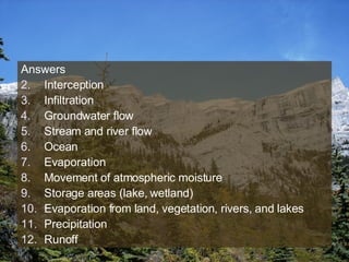 Answers Interception Infiltration Groundwater flow Stream and river flow Ocean Evaporation Movement of atmospheric moisture Storage areas (lake, wetland) Evaporation from land, vegetation, rivers, and lakes Precipitation Runoff 