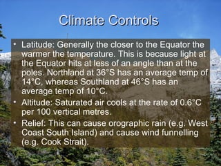 Climate Controls  Latitude: Generally the closer to the Equator the warmer the temperature. This is because light at the Equator hits at less of an angle than at the poles. Northland at 36°S has an average temp of 14°C, whereas Southland at 46°S has an average temp of 10°C. Altitude: Saturated air cools at the rate of 0.6°C per 100 vertical metres. Relief: This can cause orographic rain (e.g. West Coast South Island) and cause wind funnelling (e.g. Cook Strait). 