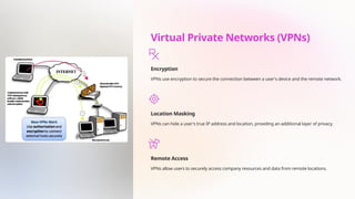 Virtual Private Networks (VPNs)
Encryption
VPNs use encryption to secure the connection between a user's device and the remote network.
Location Masking
VPNs can hide a user's true IP address and location, providing an additional layer of privacy.
Remote Access
VPNs allow users to securely access company resources and data from remote locations.
 