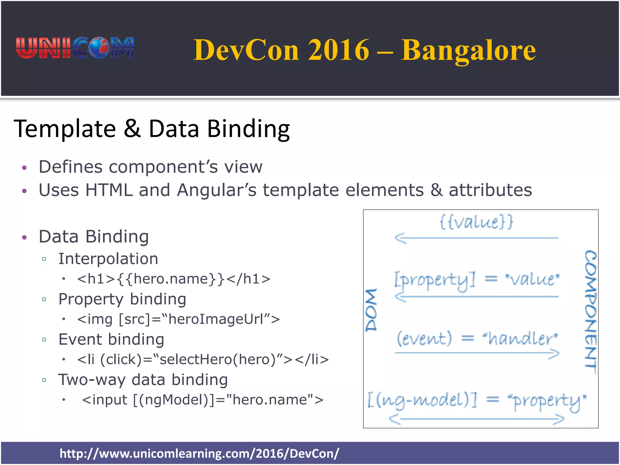 DevCon 2016 – Bangalore http://www.unicomlearning.com/2016/DevCon/ Template & Data Binding • Defines component’s view • Uses HTML and Angular’s template elements & attributes • Data Binding ▫ Interpolation  <h1>{{hero.name}}</h1> ▫ Property binding  <img [src]=“heroImageUrl”> ▫ Event binding  <li (click)=“selectHero(hero)”></li> ▫ Two-way data binding  <input [(ngModel)]="hero.name"> 