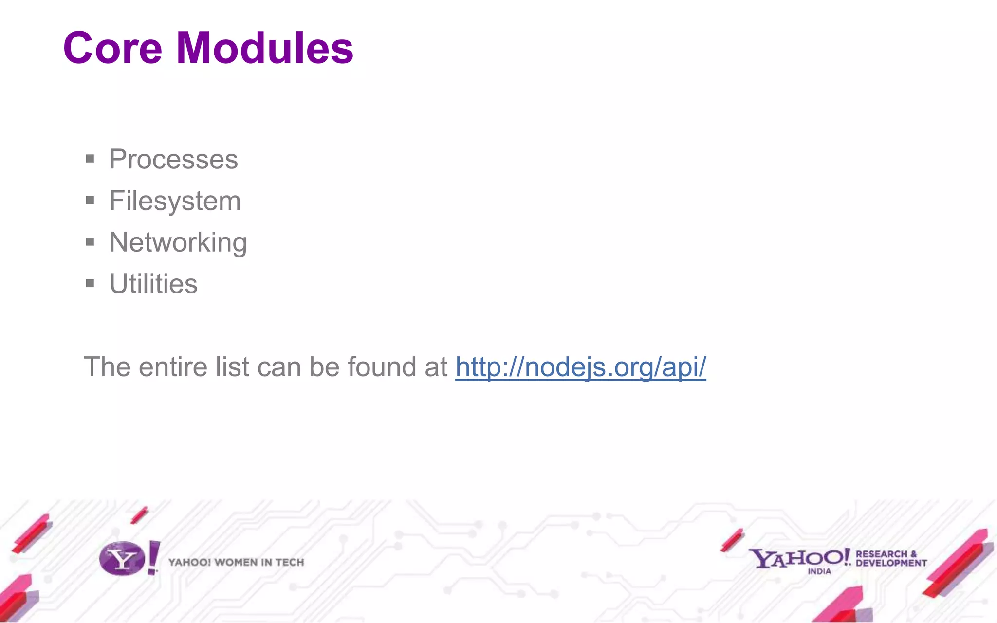 Core Modules

   Processes
   Filesystem
   Networking
   Utilities

The entire list can be found at http://nodejs.org/api/
 
