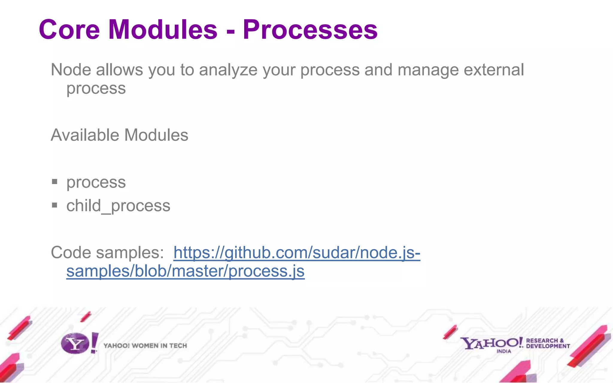 Core Modules - Processes
Node allows you to analyze your process and manage external
 process

Available Modules

 process
 child_process

Code samples: https://github.com/sudar/node.js-
 samples/blob/master/process.js
 