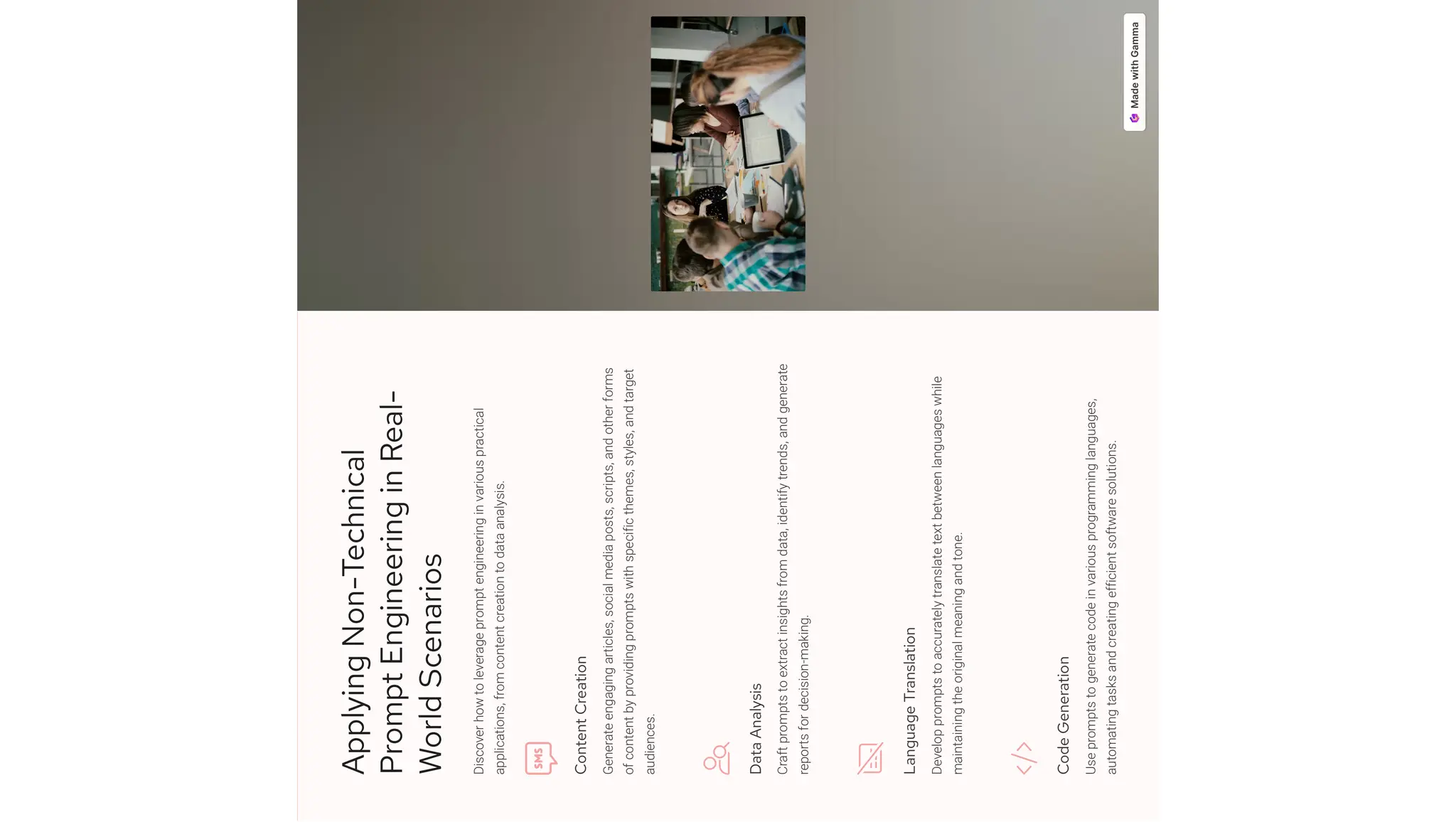 Applying
Non-Technical
Prompt
Engineering
in
Real-
World
Scenarios
Discover
how
to
leverage
prompt
engineering
in
various
practical
applications,
from
content
creation
to
data
analysis.
Content
Creation
Generate
engaging
articles,
social
media
posts,
scripts,
and
other
forms
of
content
by
providing
prompts
with
specific
themes,
styles,
and
target
audiences.
Data
Analysis
Craft
prompts
to
extract
insights
from
data,
identify
trends,
and
generate
reports
for
decision-making.
Language
Translation
Develop
prompts
to
accurately
translate
text
between
languages
while
maintaining
the
original
meaning
and
tone.
Code
Generation
Use
prompts
to
generate
code
in
various
programming
languages,
automating
tasks
and
creating
efficient
software
solutions.
 