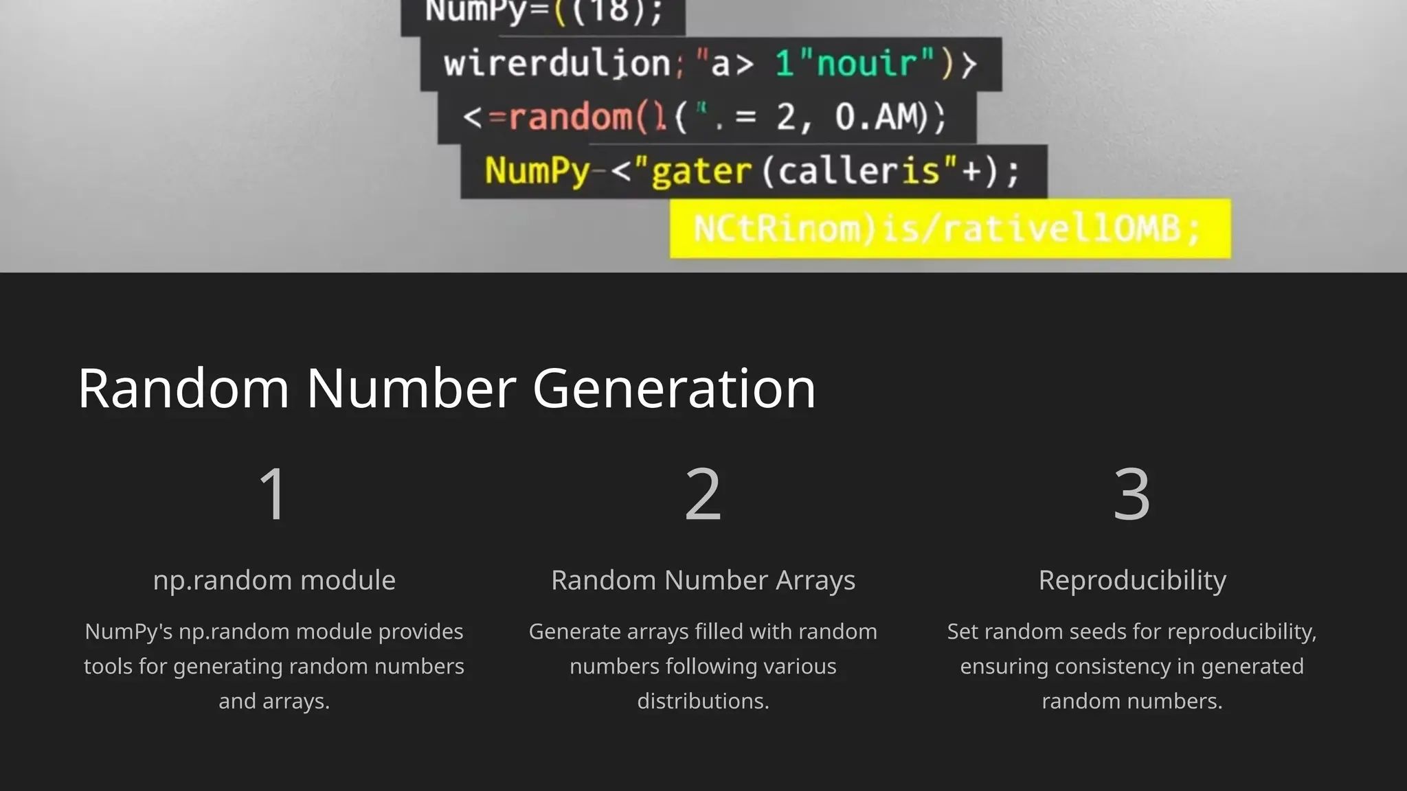 Random Number Generation
1
np.random module
NumPy's np.random module provides
tools for generating random numbers
and arrays.
2
Random Number Arrays
Generate arrays filled with random
numbers following various
distributions.
3
Reproducibility
Set random seeds for reproducibility,
ensuring consistency in generated
random numbers.
 