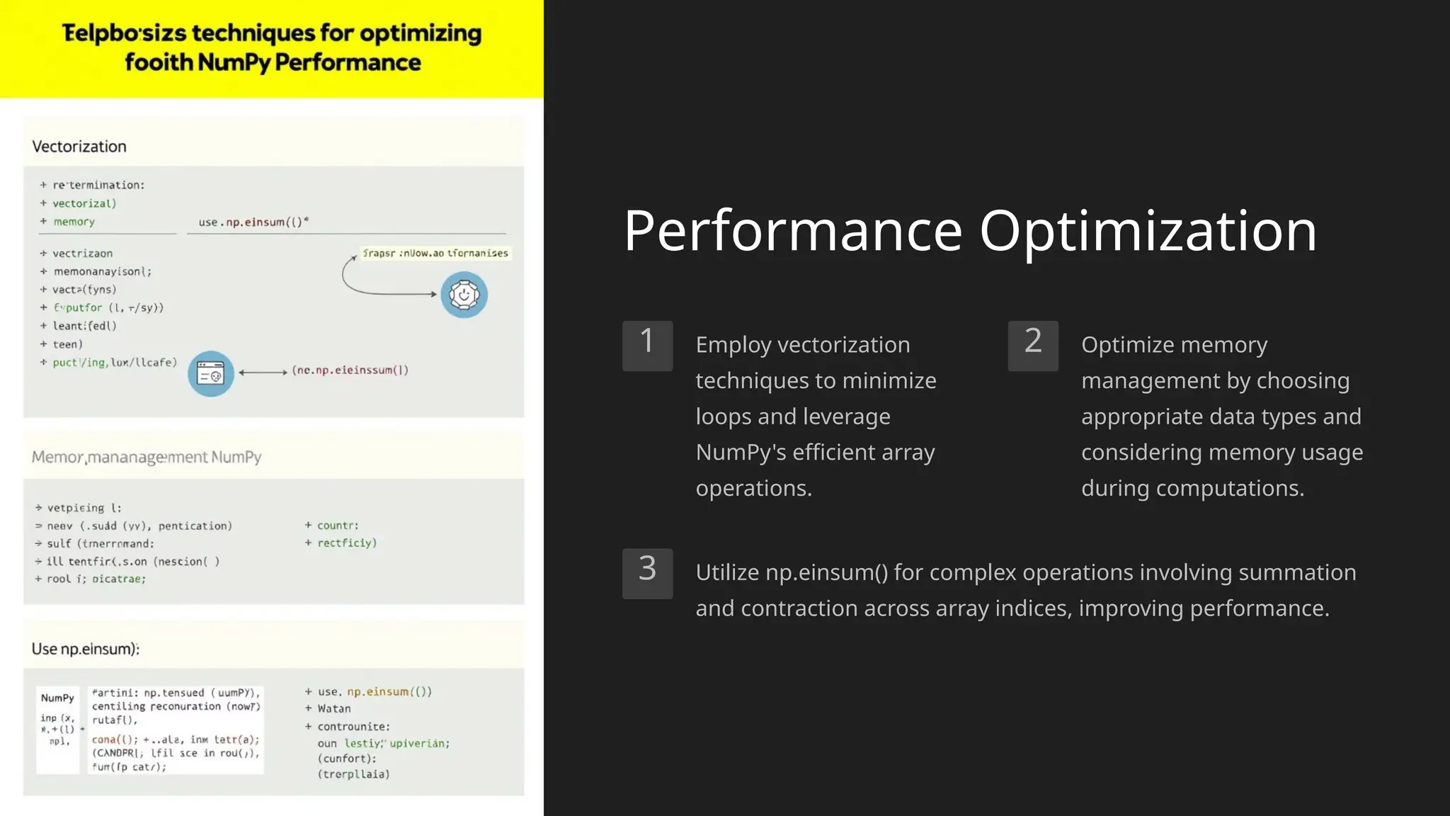 Performance Optimization
1 Employ vectorization
techniques to minimize
loops and leverage
NumPy's efficient array
operations.
2 Optimize memory
management by choosing
appropriate data types and
considering memory usage
during computations.
3 Utilize np.einsum() for complex operations involving summation
and contraction across array indices, improving performance.
 