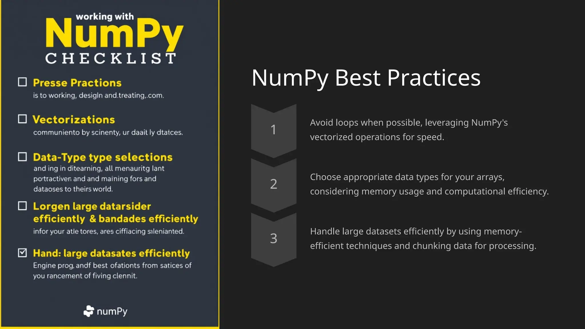 NumPy Best Practices
Avoid loops when possible, leveraging NumPy's
vectorized operations for speed.
Choose appropriate data types for your arrays,
considering memory usage and computational efficiency.
Handle large datasets efficiently by using memory-
efficient techniques and chunking data for processing.
 
