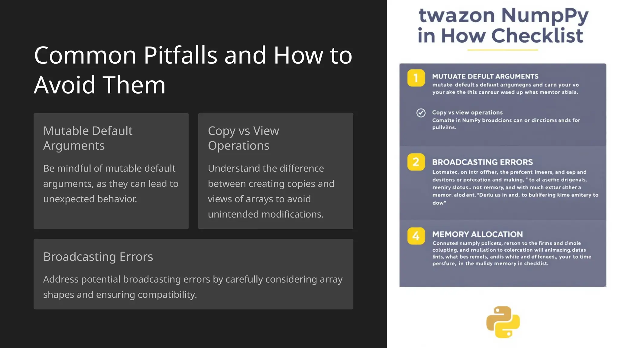 Common Pitfalls and How to
Avoid Them
Mutable Default
Arguments
Be mindful of mutable default
arguments, as they can lead to
unexpected behavior.
Copy vs View
Operations
Understand the difference
between creating copies and
views of arrays to avoid
unintended modifications.
Broadcasting Errors
Address potential broadcasting errors by carefully considering array
shapes and ensuring compatibility.
 