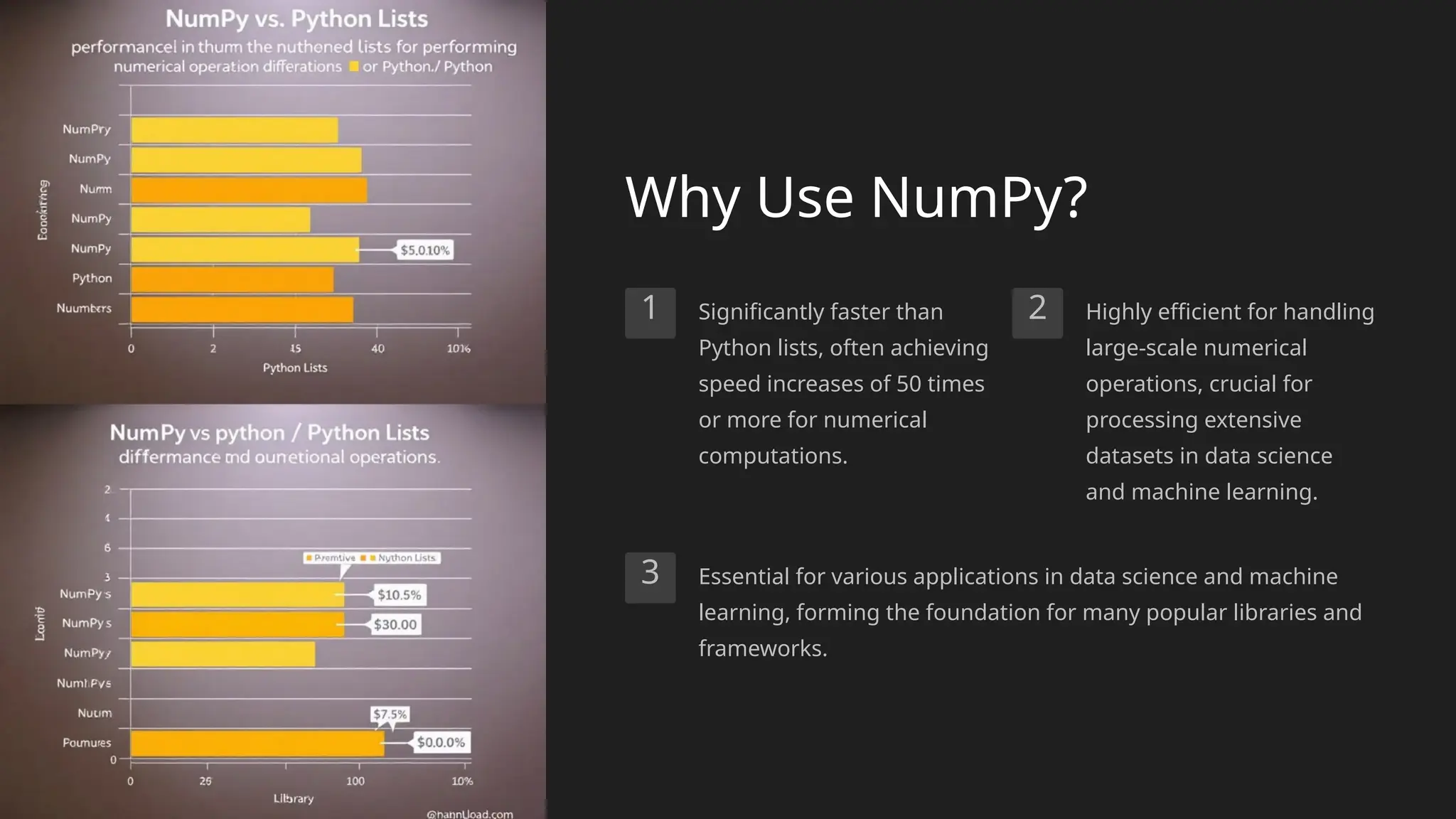 Why Use NumPy?
1 Significantly faster than
Python lists, often achieving
speed increases of 50 times
or more for numerical
computations.
2 Highly efficient for handling
large-scale numerical
operations, crucial for
processing extensive
datasets in data science
and machine learning.
3 Essential for various applications in data science and machine
learning, forming the foundation for many popular libraries and
frameworks.
 