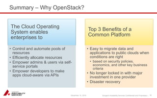 Sungard Availability Services Confidential and Proprietary | 
Summary – Why OpenStack? 
The Cloud Operating 
System enables 
enterprises to 
• Control and automate pools of 
resources 
• Efficiently allocate resources 
• Empower admins & users via self-service 
portals 
• Empower developers to make 
apps cloud-aware via APIs 
Top 3 Benefits of a 
Common Platform 
• Easy to migrate data and 
applications to public clouds when 
conditions are right 
• based on security policies, 
economics, and other key business 
criteria 
• No longer locked in with major 
investment in one provider 
• Disaster recovery 
December 15, 2014 16 
 