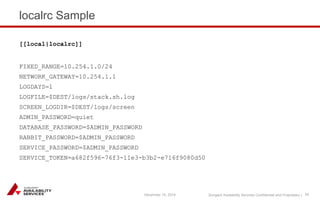Sungard Availability Services Confidential and Proprietary | 
localrc Sample 
December 15, 2014 34 
[[local|localrc]] 
FIXED_RANGE=10.254.1.0/24 
NETWORK_GATEWAY=10.254.1.1 
LOGDAYS=1 
LOGFILE=$DEST/logs/stack.sh.log 
SCREEN_LOGDIR=$DEST/logs/screen 
ADMIN_PASSWORD=quiet 
DATABASE_PASSWORD=$ADMIN_PASSWORD 
RABBIT_PASSWORD=$ADMIN_PASSWORD 
SERVICE_PASSWORD=$ADMIN_PASSWORD 
SERVICE_TOKEN=a682f596-76f3-11e3-b3b2-e716f9080d50 
 