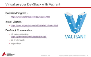 Sungard Availability Services Confidential and Proprietary | 
Virtualize your DevStack with Vagrant 
December 15, 2014 35 
Download Vagrant – 
– https://www.vagrantup.com/downloads.html 
Install Vagrant – 
– https://docs.vagrantup.com/v2/installation/index.html 
DevStack Commands – 
– git clone –recursive 
https://github.com/patux/mydevstack.git 
– cd mydevstack 
– vagrant up 
 