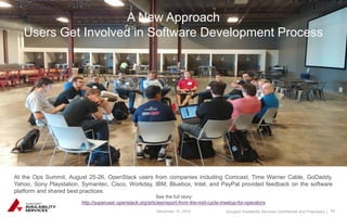 Sungard Availability Services Confidential and Proprietary | 
See the full story: 
http://superuser.openstack.org/articles/report-from-the-mid-cycle-meetup-for-operators 
December 15, 2014 40 
A New Approach 
Users Get Involved in Software Development Process 
At the Ops Summit, August 25-26, OpenStack users from companies including Comcast, Time Warner Cable, GoDaddy, 
Yahoo, Sony Playstation, Symantec, Cisco, Workday, IBM, Bluebox, Intel, and PayPal provided feedback on the software 
platform and shared best practices. 
 