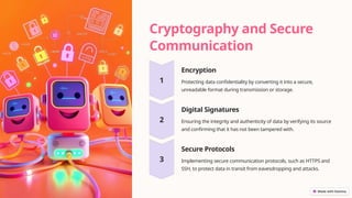 Cryptography and Secure
Communication
Encryption
Protecting data confidentiality by converting it into a secure,
unreadable format during transmission or storage.
Digital Signatures
Ensuring the integrity and authenticity of data by verifying its source
and confirming that it has not been tampered with.
Secure Protocols
Implementing secure communication protocols, such as HTTPS and
SSH, to protect data in transit from eavesdropping and attacks.
 