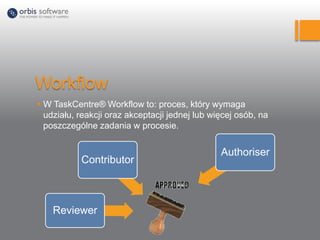 Workflow
 W TaskCentre® Workflow to: proces, który wymaga
udziału, reakcji oraz akceptacji jednej lub więcej osób, na
poszczególne zadania w procesie.
Reviewer
Contributor
Authoriser
 