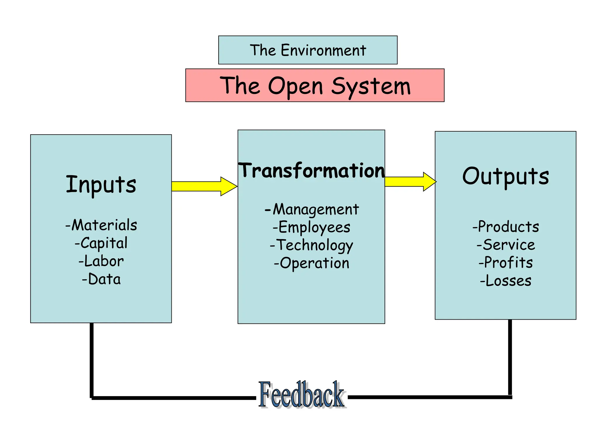 The Environment
The Open System
Inputs
-Materials
-Capital
-Labor
-Data
Transformation
-Management
-Employees
-Technology
-Operation
Outputs
-Products
-Service
-Profits
-Losses
 