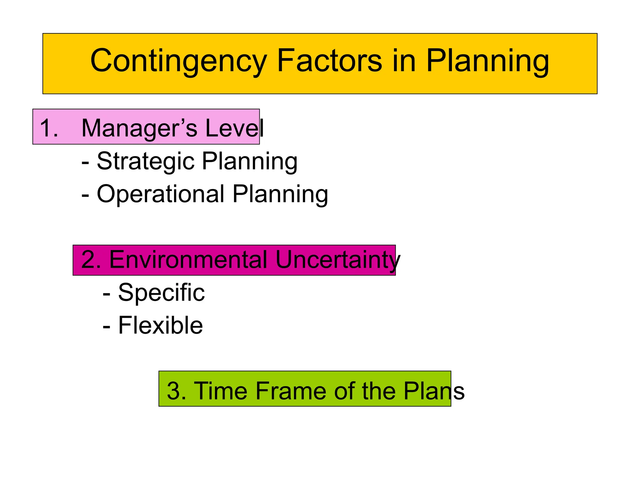 Contingency Factors in Planning
1. Manager’s Level
- Strategic Planning
- Operational Planning
2. Environmental Uncertainty
- Specific
- Flexible
3. Time Frame of the Plans
 