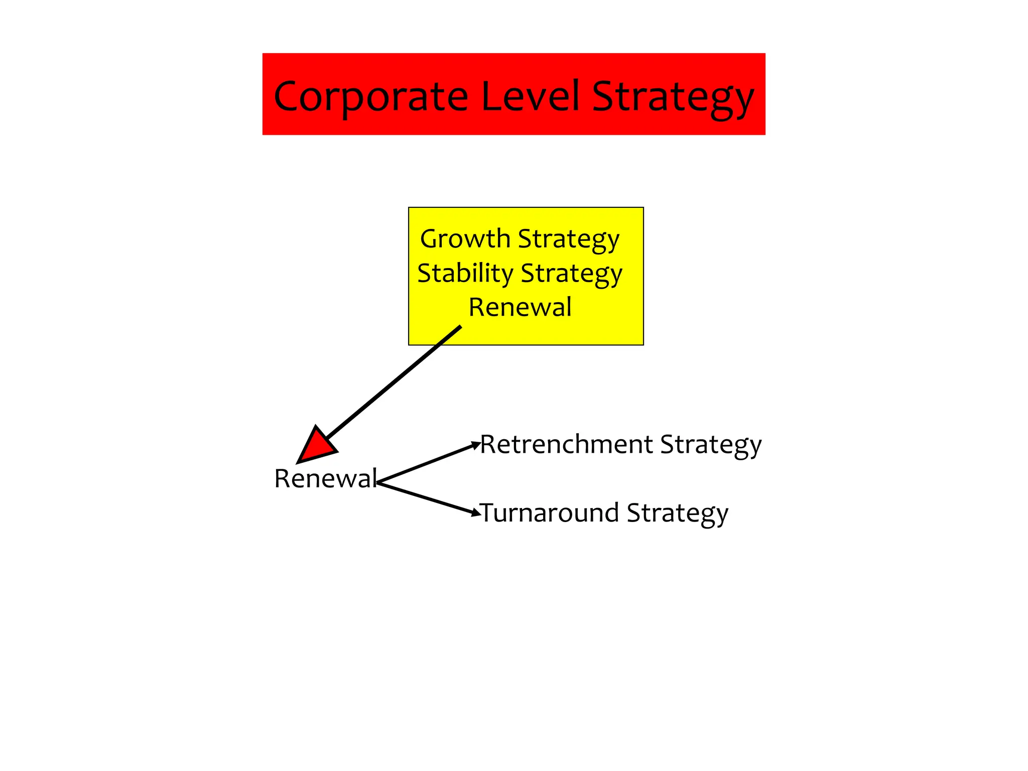 Corporate Level Strategy
Growth Strategy
Stability Strategy
Renewal
Retrenchment Strategy
Renewal
Turnaround Strategy
 
