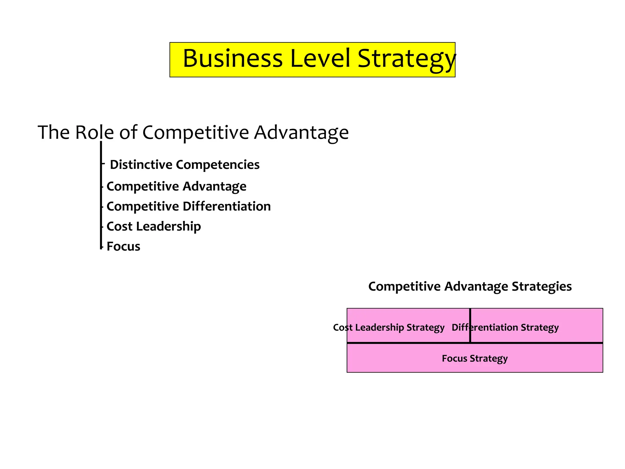 Business Level Strategy
The Role of Competitive Advantage
- Distinctive Competencies
- Competitive Advantage
- Competitive Differentiation
- Cost Leadership
- Focus
Competitive Advantage Strategies
Cost Leadership Strategy Differentiation Strategy
Focus Strategy
 