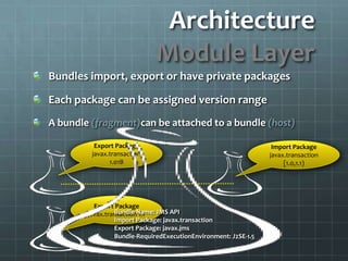 Architecture  Module LayerBundles import, export or have private packagesEach package can be assigned version rangeA bundle (fragment)can be attached to a bundle (host)Export Packagejavax.transaction 1.01BImport Packagejavax.transaction [1.0,1.1)Export Packagejavax.transaction 1.1Bundle Name: JMS APIImport Package: javax.transactionExport Package: javax.jmsBundle-RequiredExecutionEnvironment: J2SE-1.5