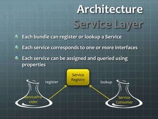 Architecture  Service LayerEach bundle can register or lookup a ServiceEach service corresponds to one or more interfacesEach service can be assigned and queried using propertiesService RegistryregisterlookupServiceProviderService Consumer