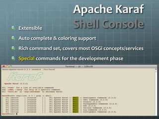 Apache KarafShell ConsoleExtensible	Auto complete & coloring supportRich command set, covers most OSGi concepts/servicesSpecial commands for the development phase